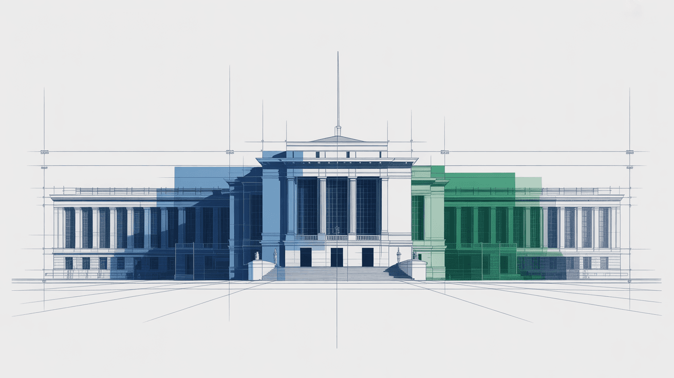 Technical blueprint-style elevation of a classical government agency building representing the SBA FY 2027 budget analysis